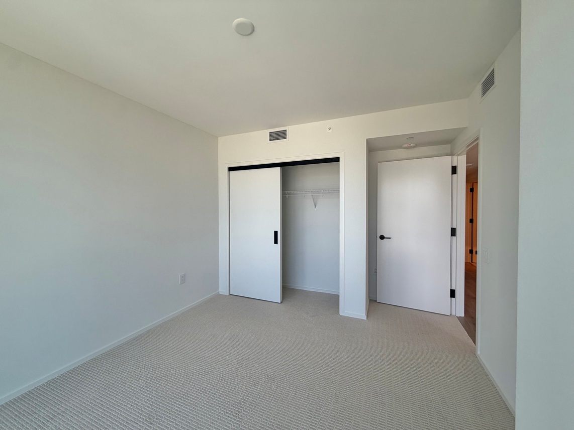 A room with a carpeted floor and two white doors.